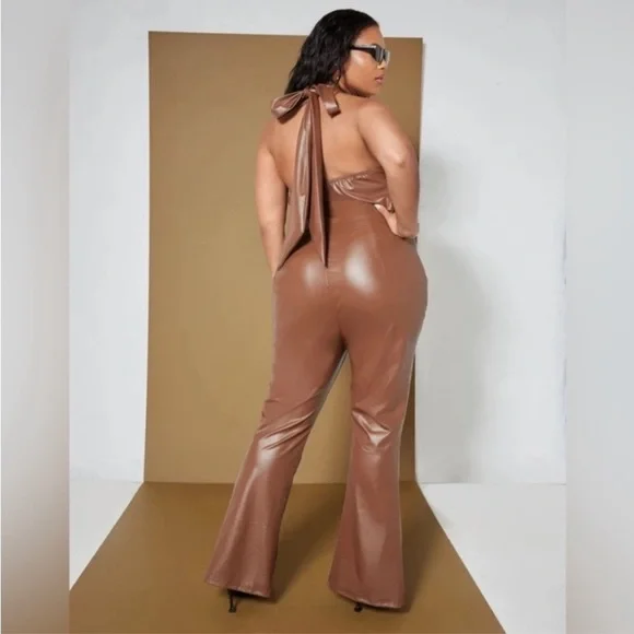 Brown Halter Fashion Jumpsuit - Picture 2 of 9